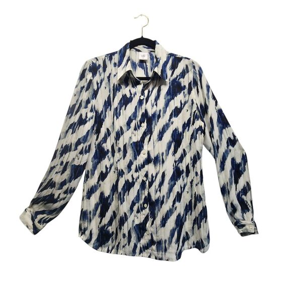 Cabi Blue & White Graphic Tiger Stripe Semi Sheer LS Button Down MED Mobwife - Picture 1 of 8